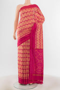 Multi Color Pochampally Saree with Ikat Print on the body and Silk Border.  displayed on a mannequin