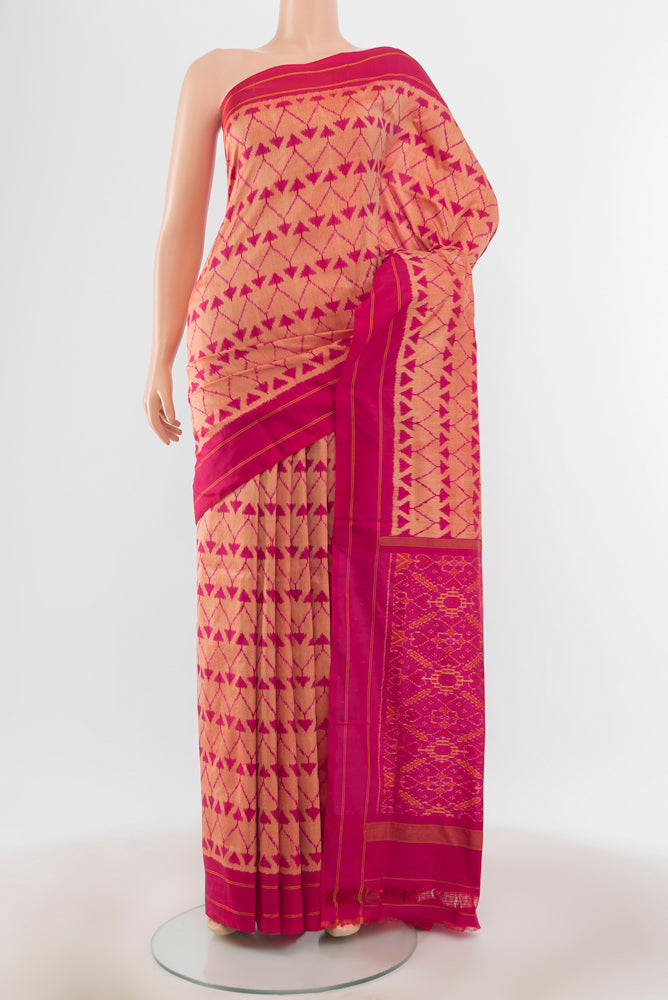 Multi Color Pochampally Saree with Ikat Print on the body and Silk Border.  displayed on a mannequin