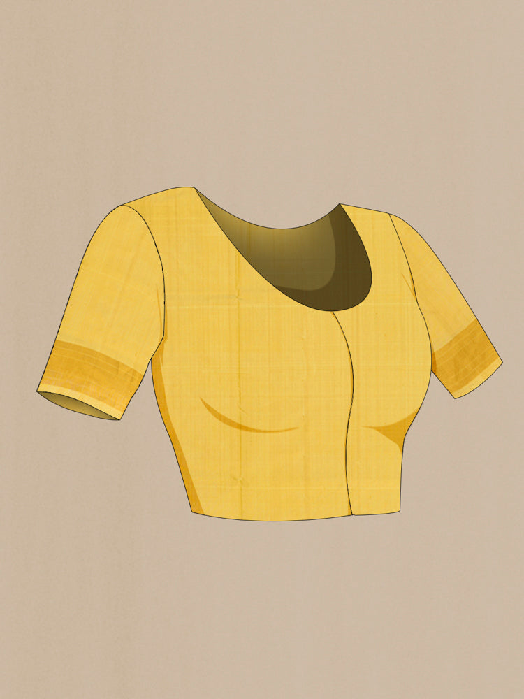 Close up image of the blouse of Lemon Yellow Pochampally Saree with Ikat Print on the body and Silk Border. 