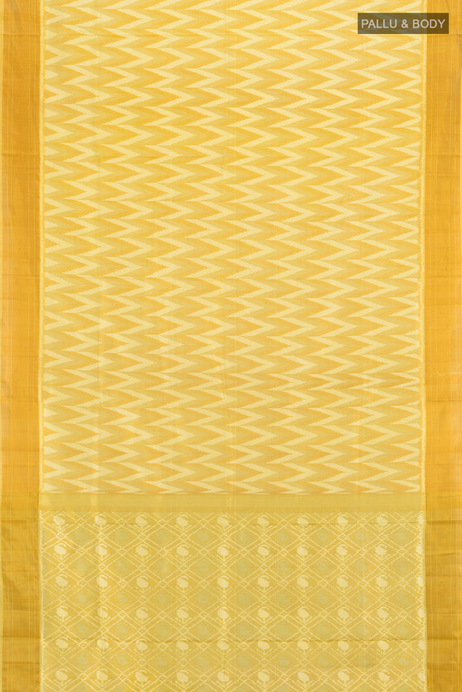 Flat view of Lemon Yellow Pochampally Saree with Ikat Print on the body and Silk Border. 