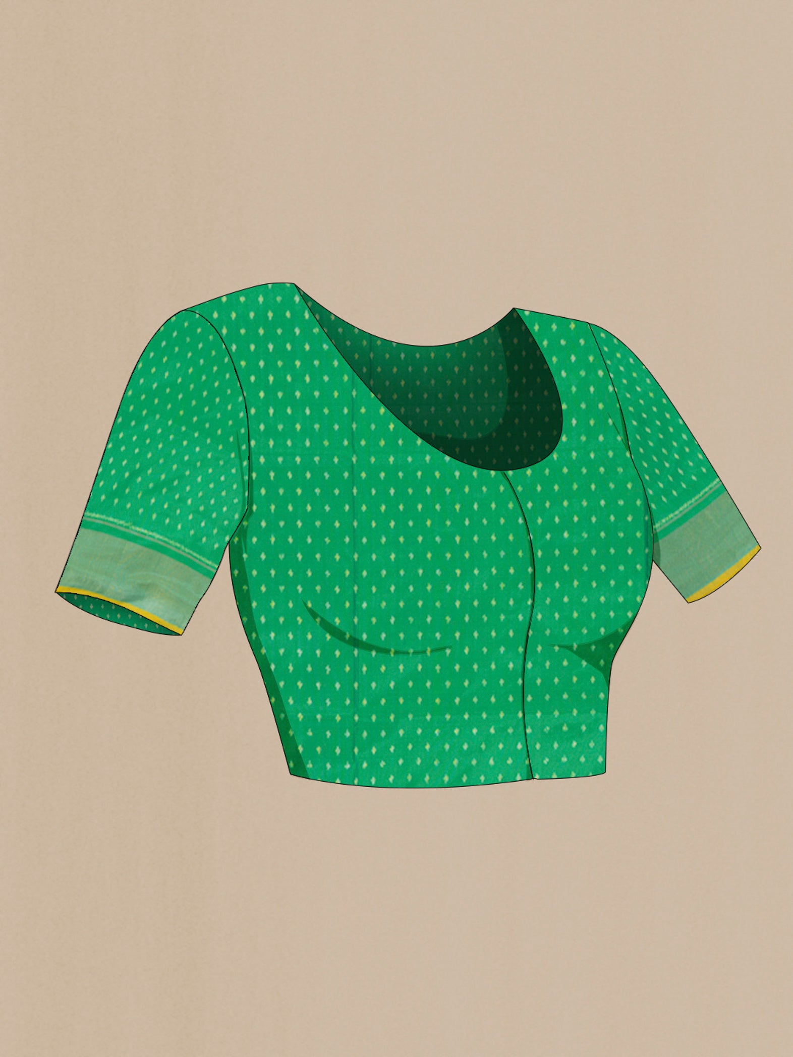 Close up image of the blouse of Green Pochampally Silk Saree with Ikat design on the body and Zari Border. 