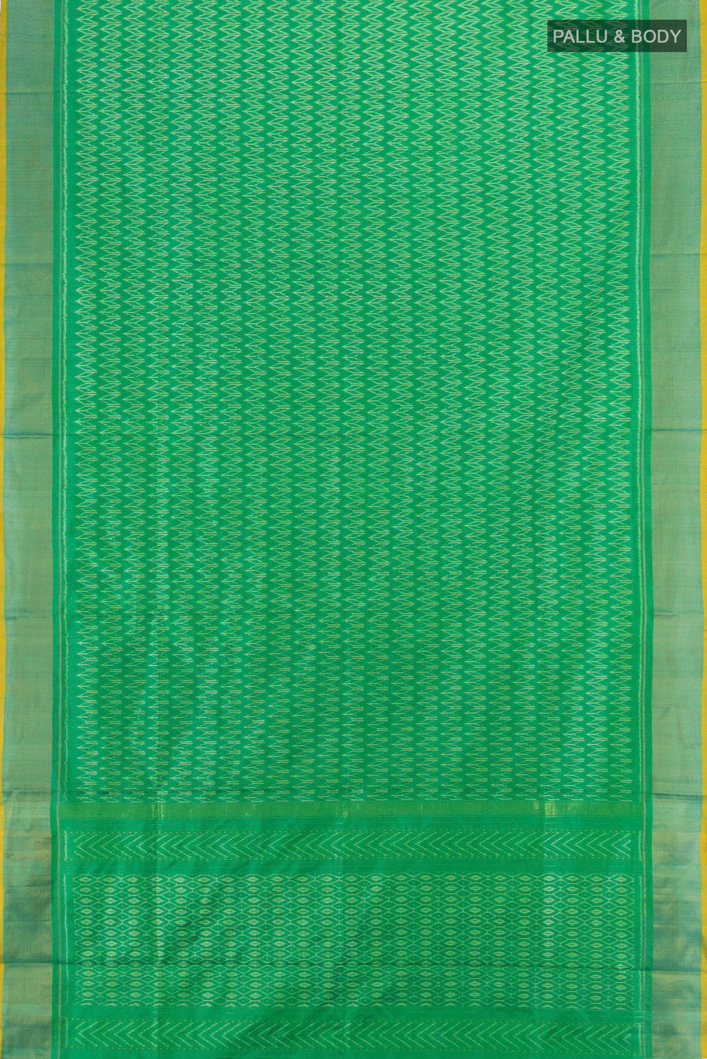 Flat view of Green Pochampally Silk Saree with Ikat design on the body and Zari Border. 