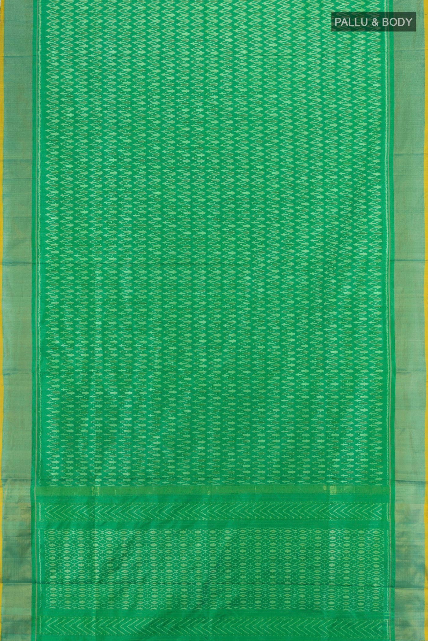 Flat view of Green Pochampally Silk Saree with Ikat design on the body and Zari Border. 