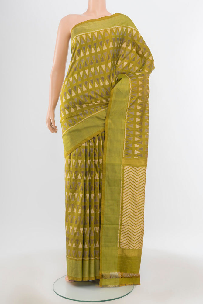 Pure Silk Pure Zari Mehandi Green Pochampally Saree with Ikat Print on the body and Silk Border.  displayed on a mannequin