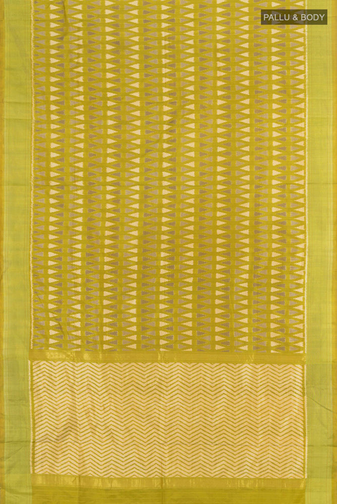 Flat view of Pure Silk Pure Zari Mehandi Green Pochampally Saree with Ikat Print on the body and Silk Border. 