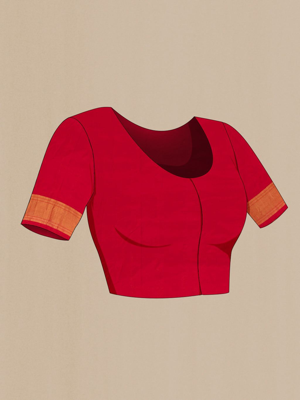 Close up image of the blouse of Red Pochampally Silk Saree with Ikat design on the body and Zari Border. 