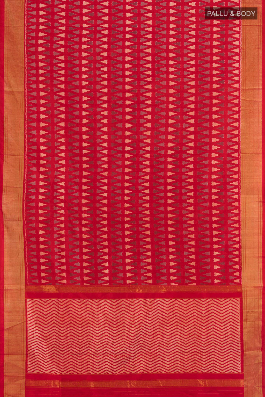 Flat view of Red Pochampally Silk Saree with Ikat design on the body and Zari Border. 