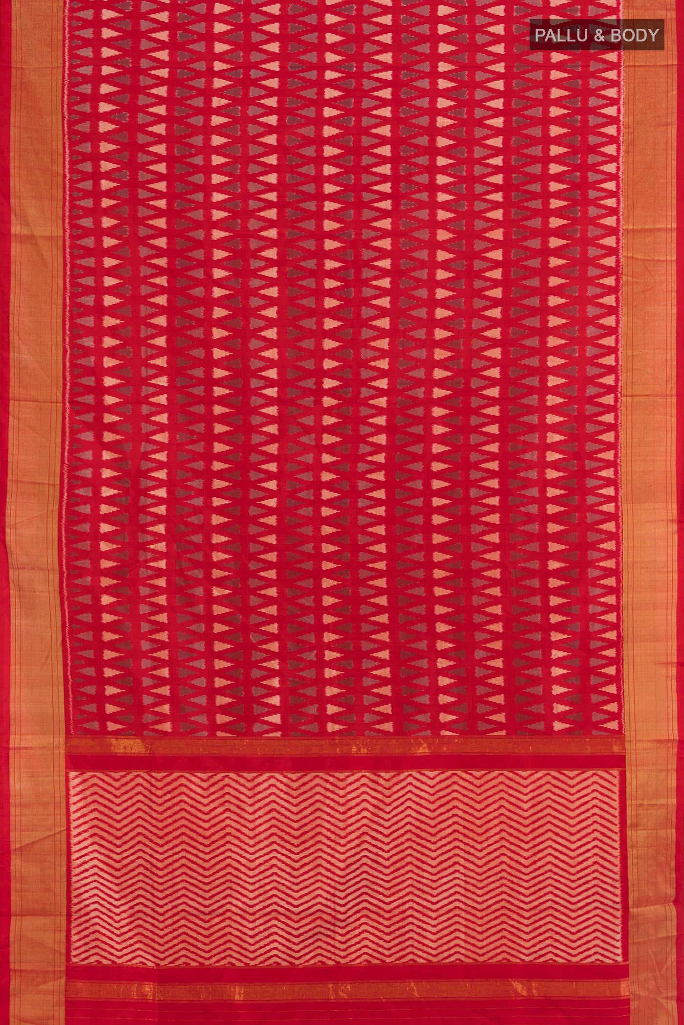 Flat view of Red Pochampally Silk Saree with Ikat design on the body and Zari Border. 