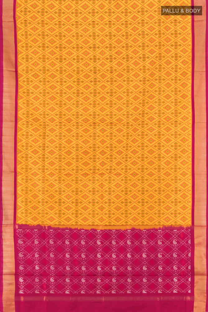 Flat view of Pure Silk Pure Zari Yellow Pochampally Saree with Ikat Print on the body and Silk Border. 
