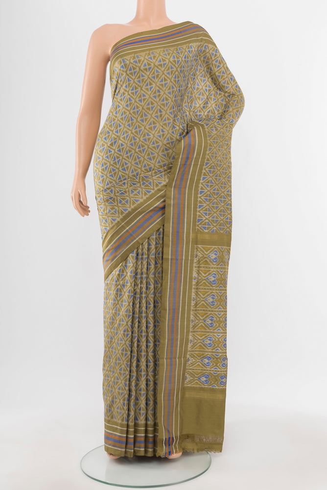 Mehandi Green Pochampally Saree with Ikat Print on the body and Silk Border.  displayed on a mannequin