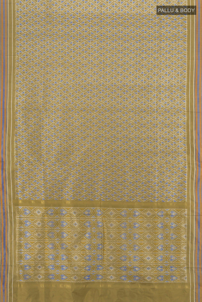 Flat view of Mehandi Green Pochampally Saree with Ikat Print on the body and Silk Border. 