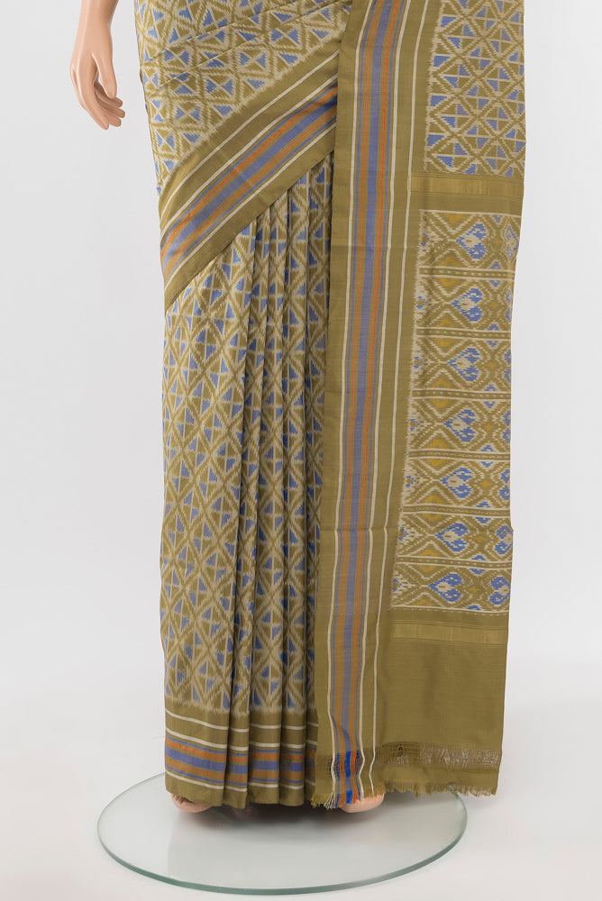 Pleats and pallu of Mehandi Green Pochampally Saree with Ikat Print on the body and Silk Border. 