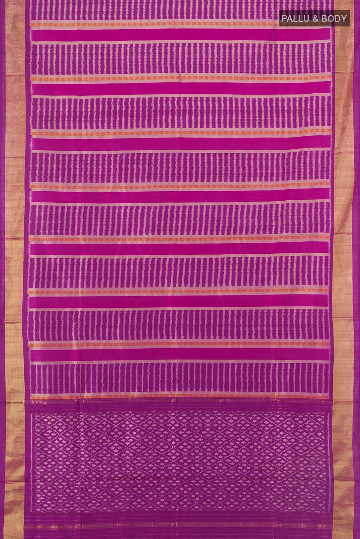 Flat view of Pure Silk Magenta Pochampally Saree with Pure Ikat on the body and Zari Border. 