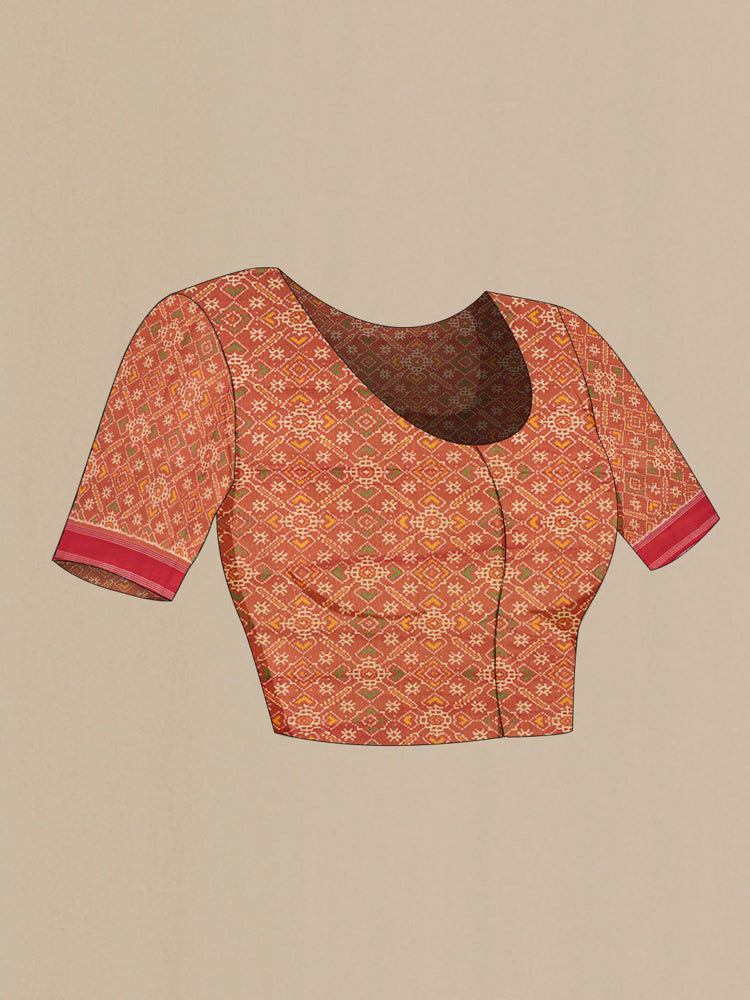 Close up image of the blouse of Multi Color Pochampally Saree with Ikat Print on the body and Fancy Border. 