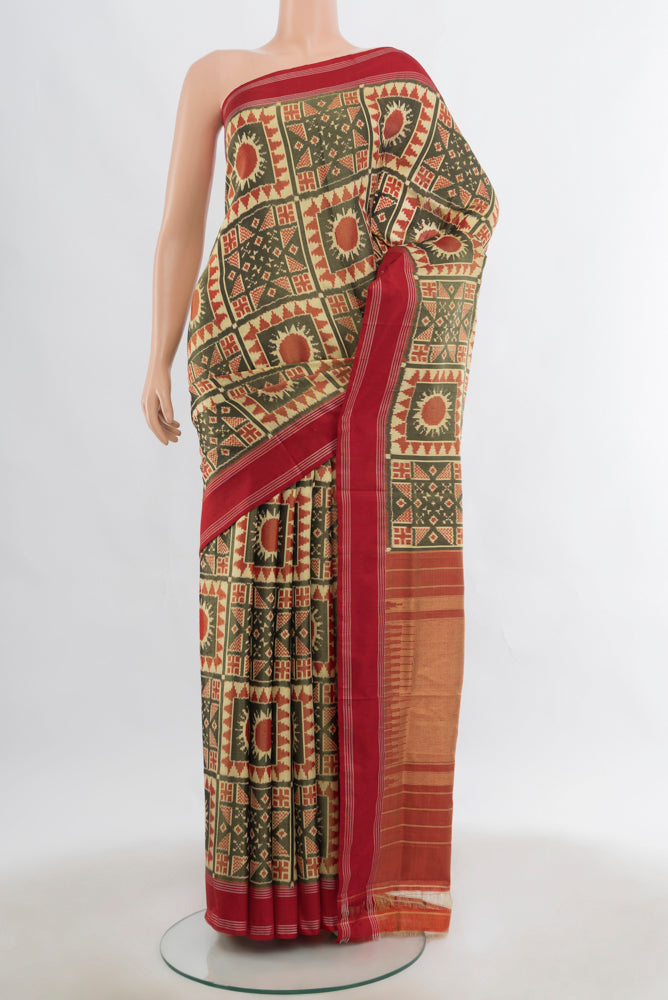 Multi Color Pochampally Saree with Ikat Print on the body and Fancy Border.  displayed on a mannequin
