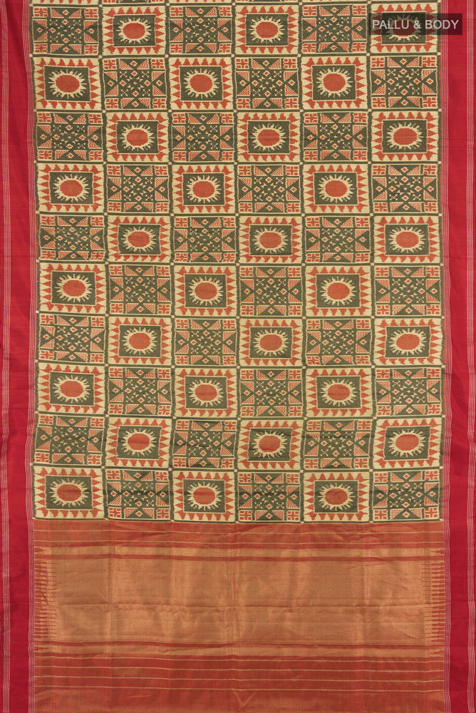 Flat view of Multi Color Pochampally Saree with Ikat Print on the body and Fancy Border. 