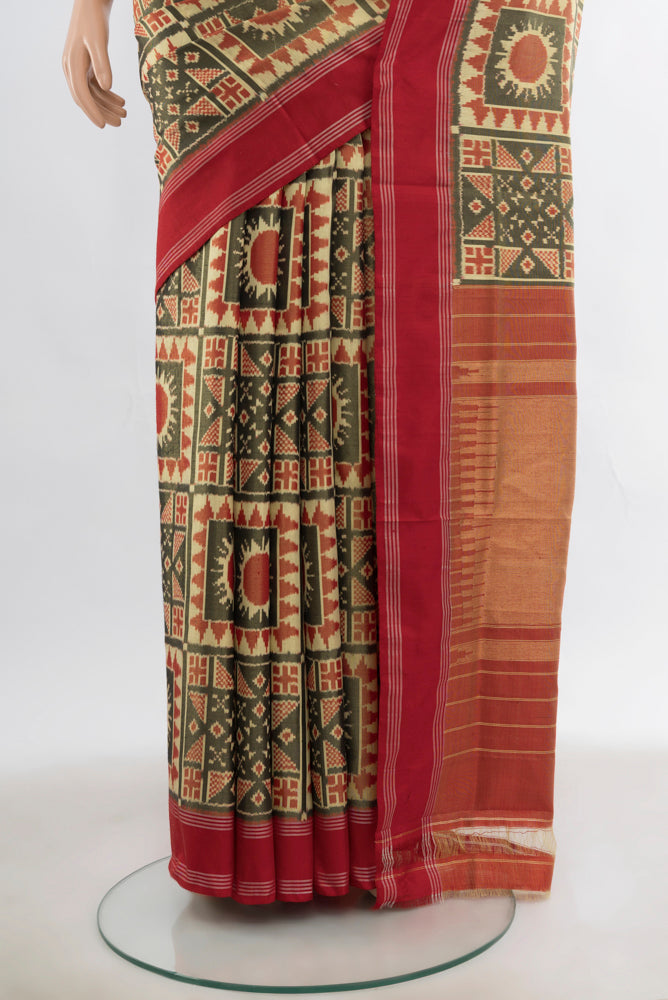 Pleats and pallu of Multi Color Pochampally Saree with Ikat Print on the body and Fancy Border. 