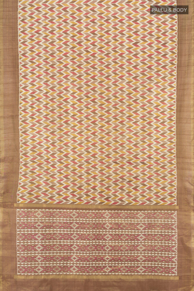Flat view of Multi Color Pochampally Saree with Ikat Print on the body and Fancy Border. 