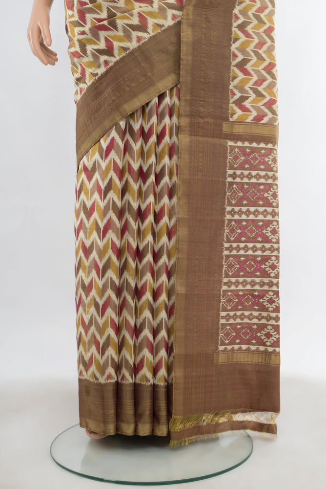 Pleats and pallu of Multi Color Pochampally Saree with Ikat Print on the body and Fancy Border. 