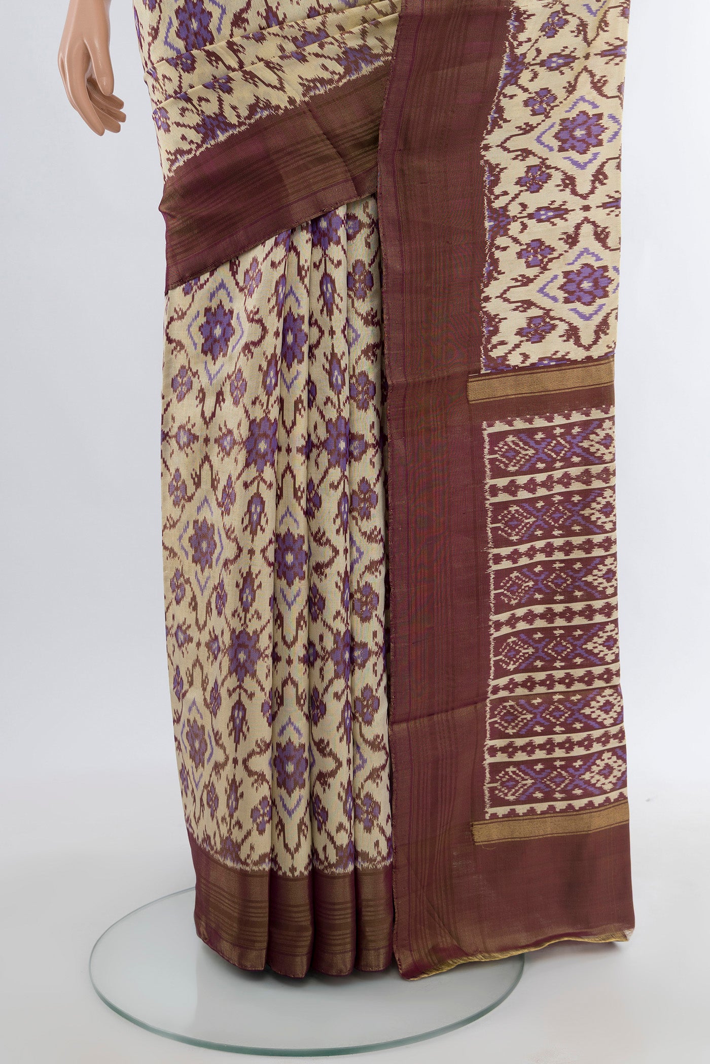 Pleats and pallu of Multi Color Pochampally Silk Saree with Ikat Print on the body and Silk Border. 