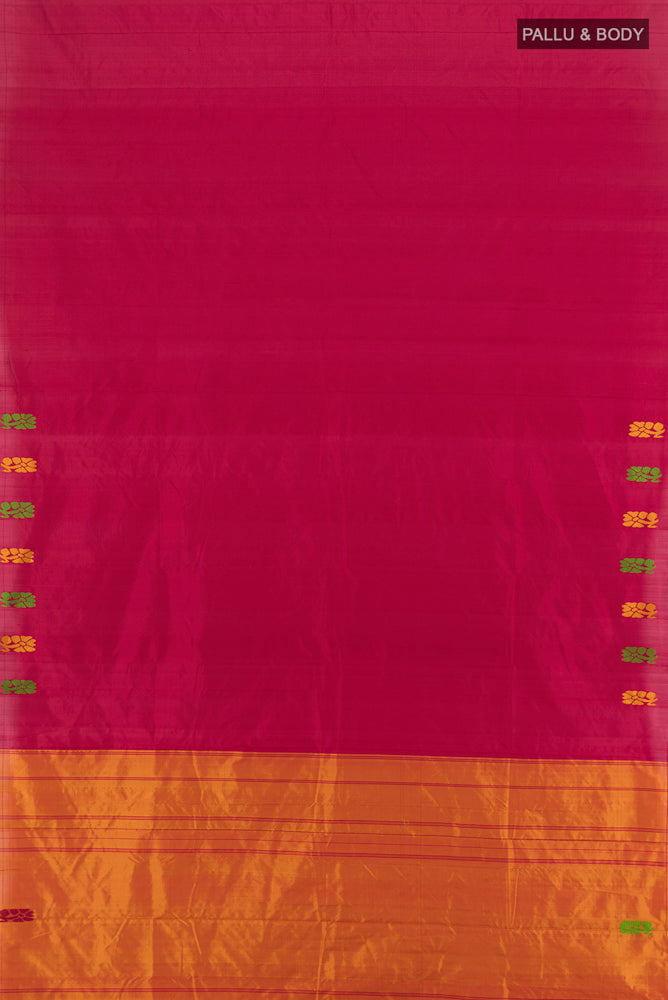 Flat view of Pure Silk Pure Zari Maroon Kanchipuram Saree with Zari Butta on the body and Silk Border. 