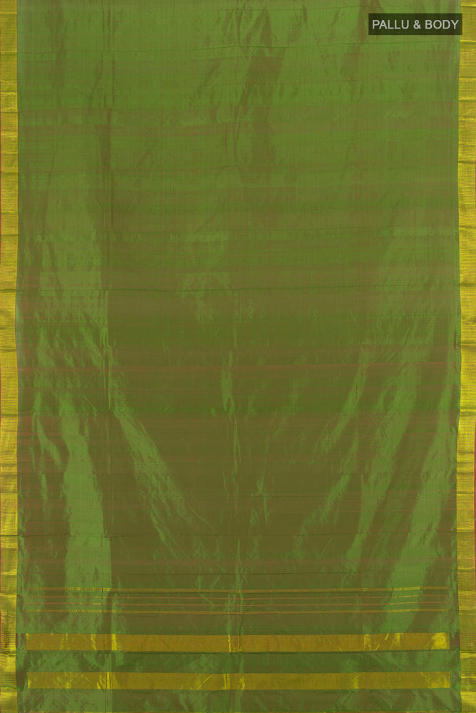 Flat view of Mehandi Green Kanjivaram Silk Saree with Plain Body and Silk Border. 