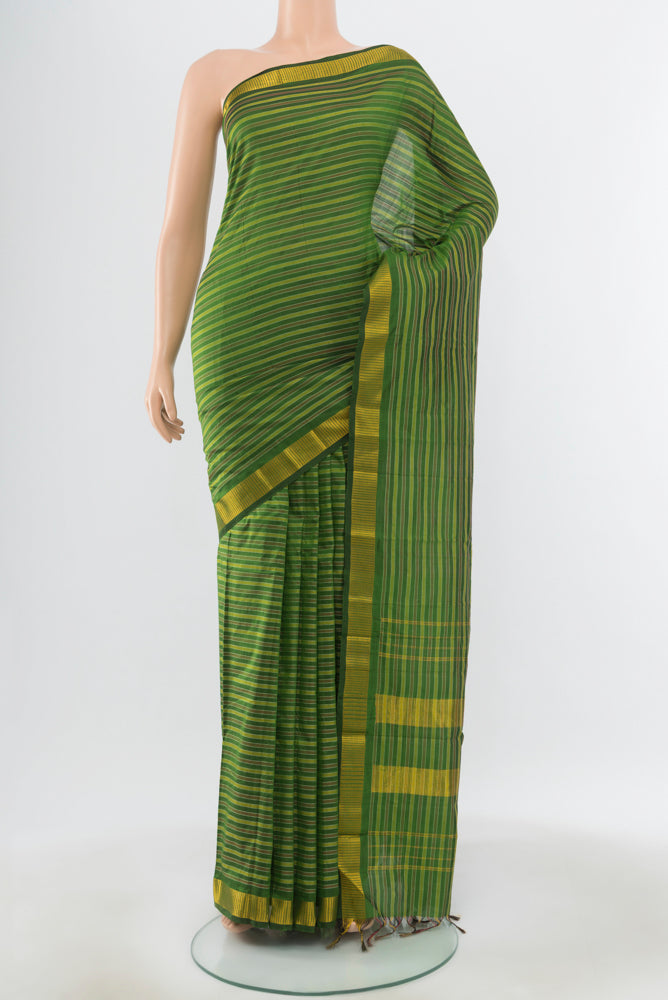 Pure Silk Pure Zari Light Green Kanjivaram Saree with Checked design on the body and Silk Border.  displayed on a mannequin