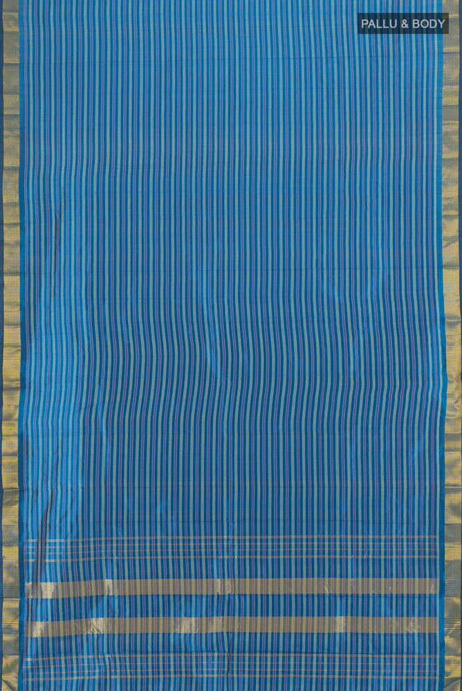 Flat view of Dark Blue Kanjivaram Silk Saree with Zari Butta on the body and Silk Border. 