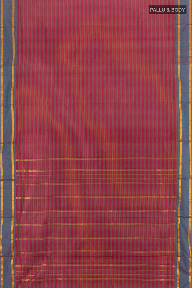 Flat view of Pure Silk Pure Zari Multi Color Kanchipuram Nine Yards Saree with Zari Butta on the body and Silk Border. 