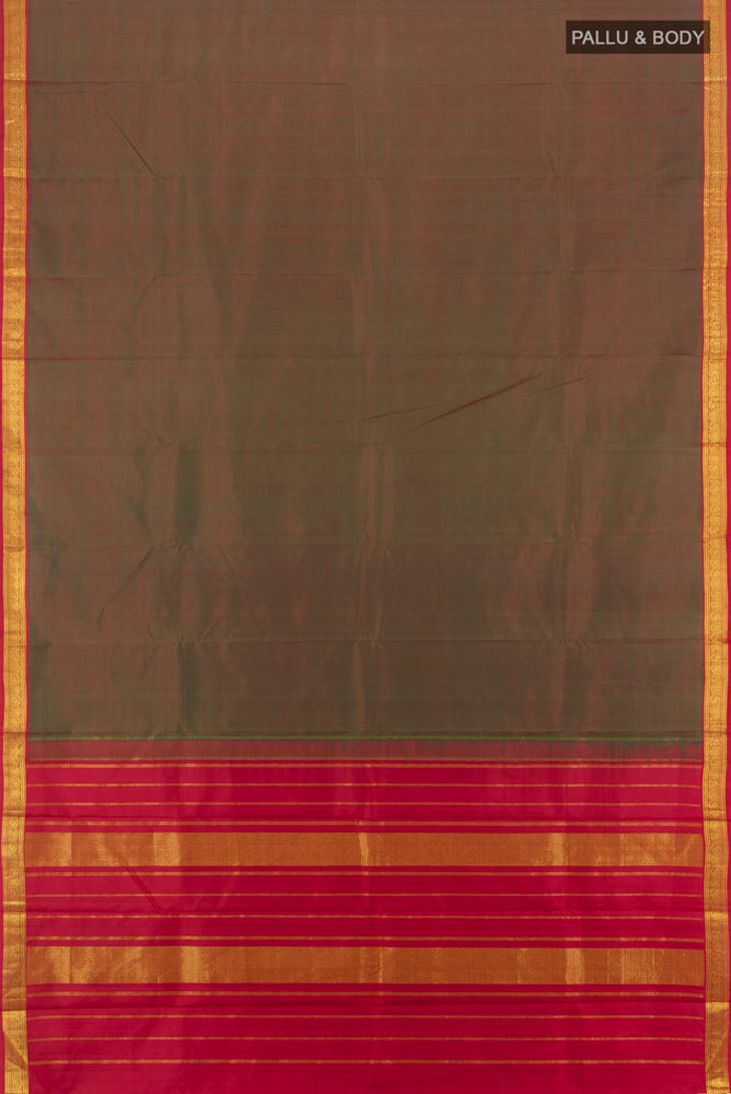 Flat view of Pure Silk Pure Zari Mehandi Green Kanjivaram Saree with Zari Butta on the body and Silk Border. 