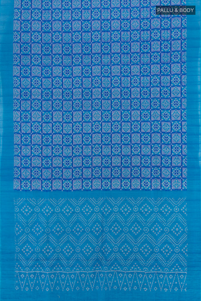 Flat view of Blue Pochampally Saree with Ikat Print on the body and Silk Border. 