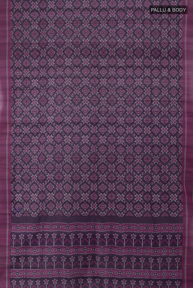 Flat view of Black Pochampally Saree with Ikat Print on the body and Silk Border. 