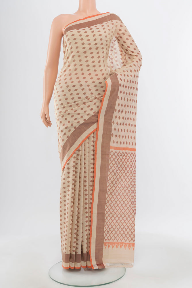 Pure Silk Pure Zari Beige Pochampally Cotton Saree with Thread Butta on the body and Silk Border.  displayed on a mannequin