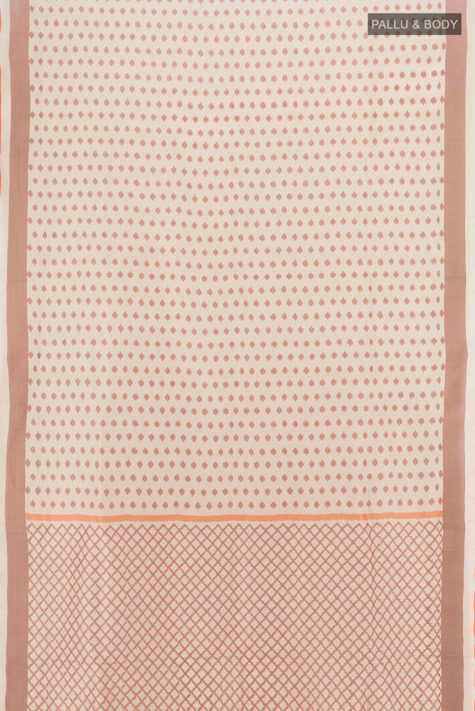 Flat view of Pure Silk Pure Zari Beige Pochampally Cotton Saree with Thread Butta on the body and Silk Border. 