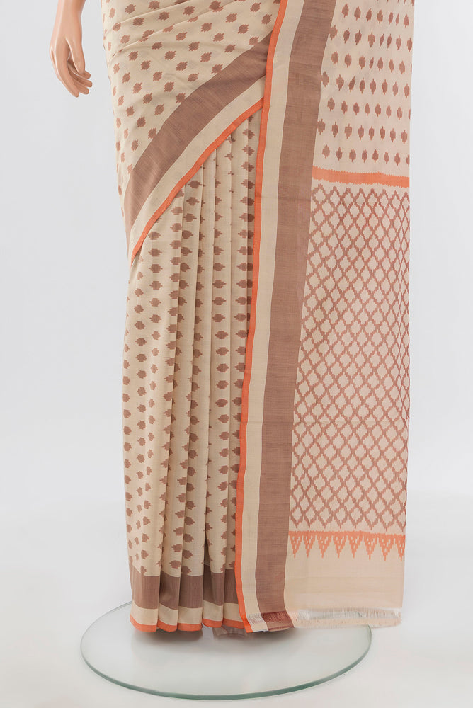 Pleats and pallu of Pure Silk Pure Zari Beige Pochampally Cotton Saree with Thread Butta on the body and Silk Border. 