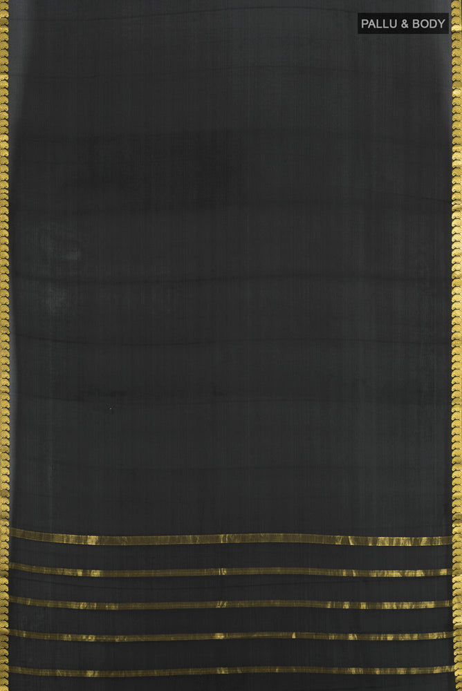 Flat view of Black Mysore Crepe Saree with Plain Body and Silk Border. 