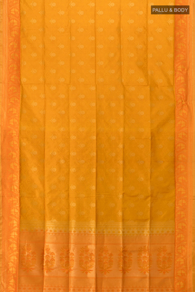 Flat view of Mustard Soft Silk Saree with Zari Butta on the body and Silk Border. 