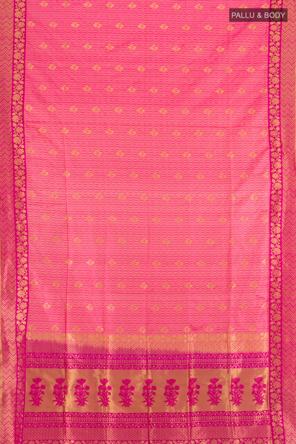 Flat view of Rose Gold Soft Silk Saree with Thread Butta on the body and Silk Border. 