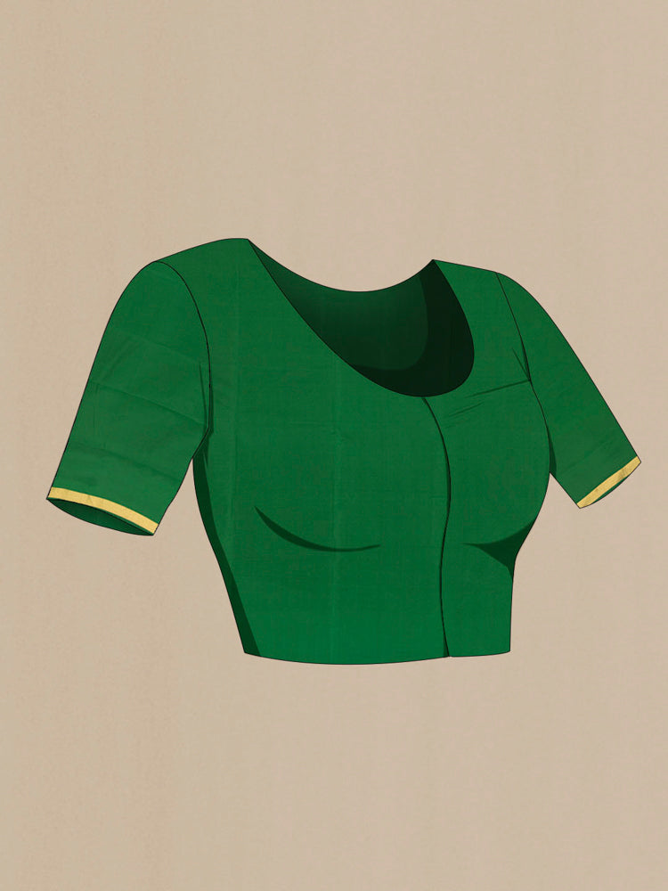 Close up image of the blouse of Bottle Green Soft Silk Saree with Zari Butta on the body and Silk Border. 