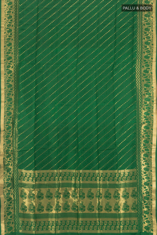 Flat view of Bottle Green Soft Silk Saree with Zari Butta on the body and Silk Border. 
