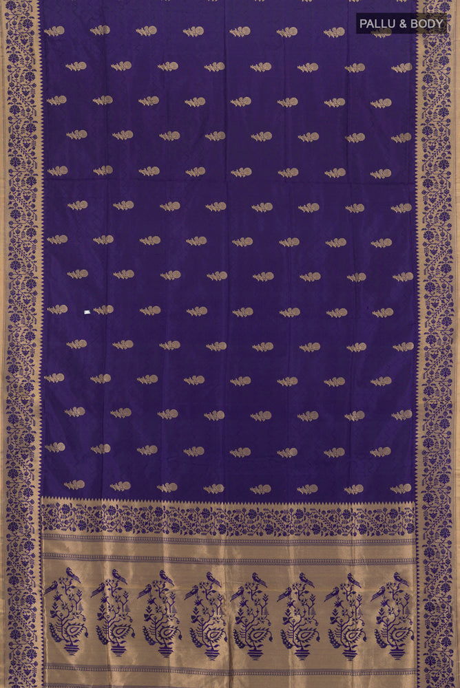 Flat view of Pure Silk Pure Zari Navy Blue Soft Saree with Zari Butta on the body and Silk Border. 