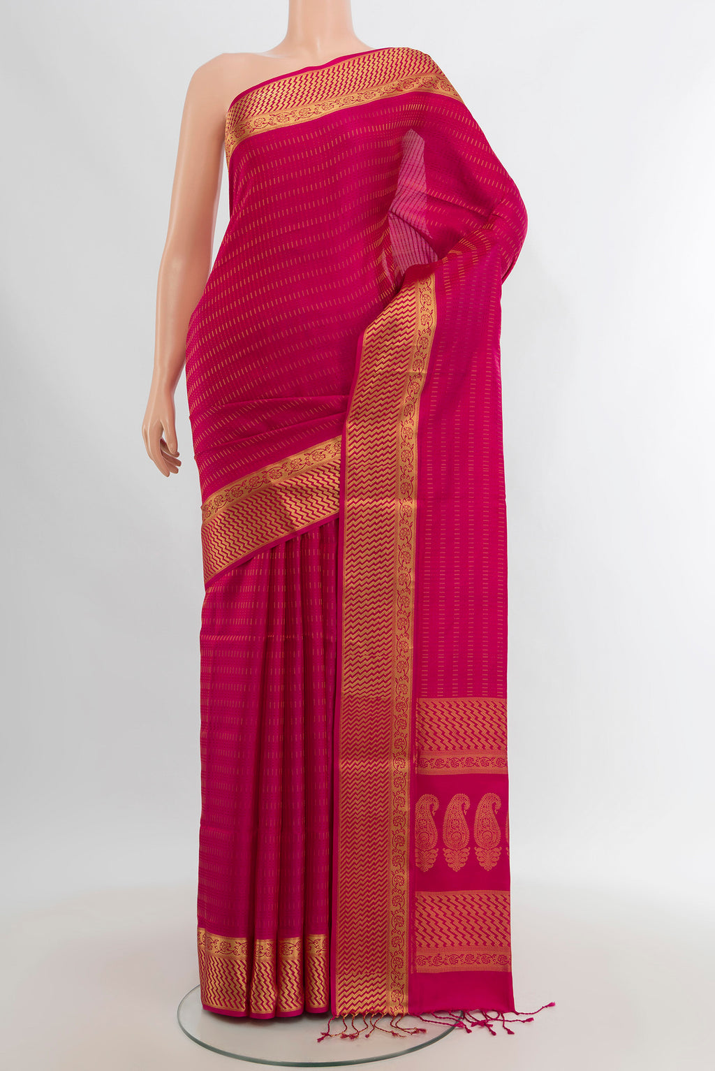 Dark Pink Soft Silk Saree with Jacquard design on the body and Zari Border.  displayed on a mannequin