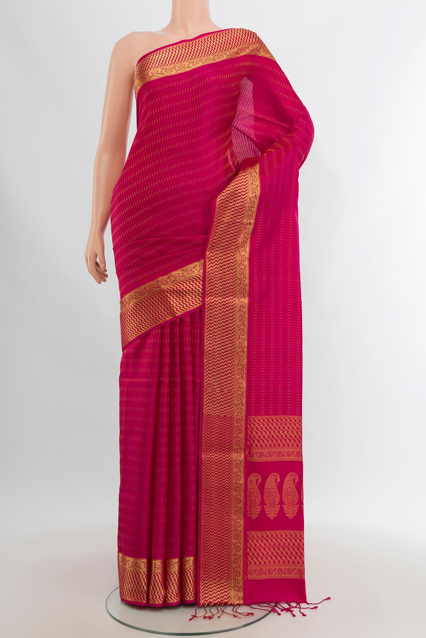 Dark Pink Soft Silk Saree with Jacquard design on the body and Zari Border.  displayed on a mannequin