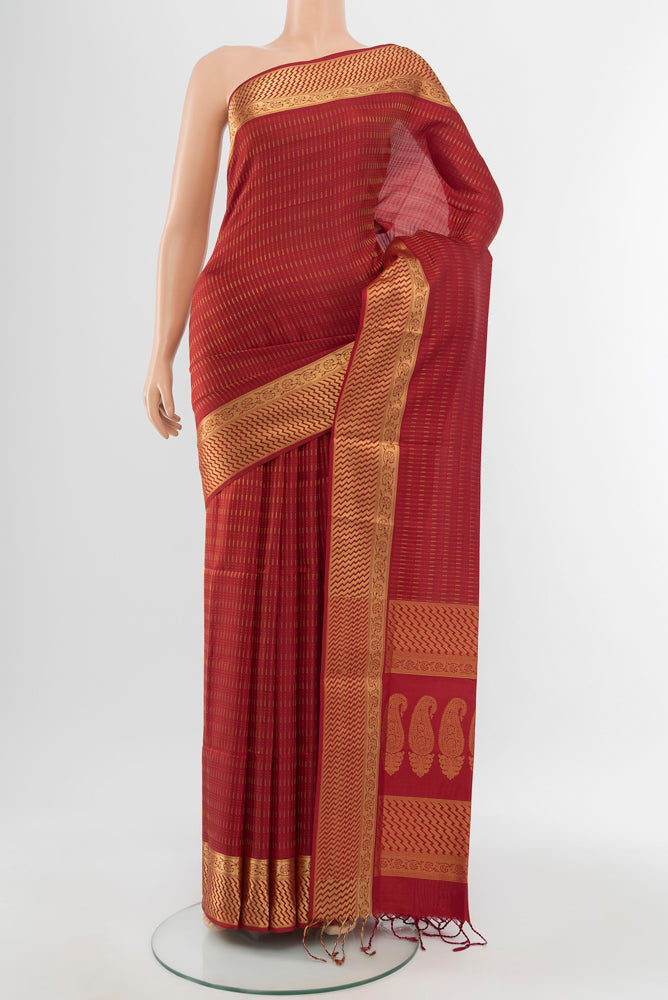 Maroon Soft Silk Saree with Zari Brocade on the body and Silk Border.  displayed on a mannequin