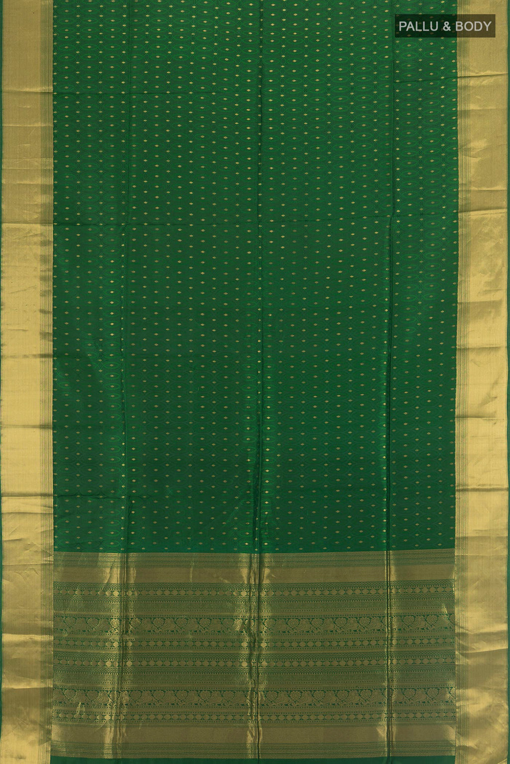 Flat view of Pure Silk Green Soft Saree with Jacquard With Zari Butta on the body and Zari Border. 