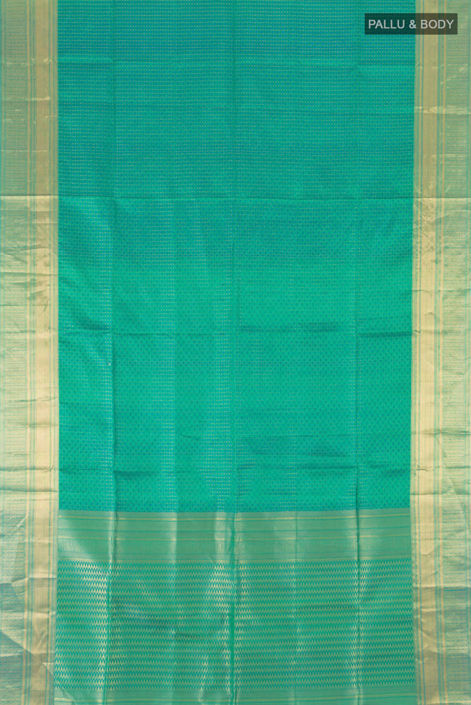 Flat view of Pure Silk Pure Zari Light Green Soft Saree with Zari Butta on the body and Silk Border. 
