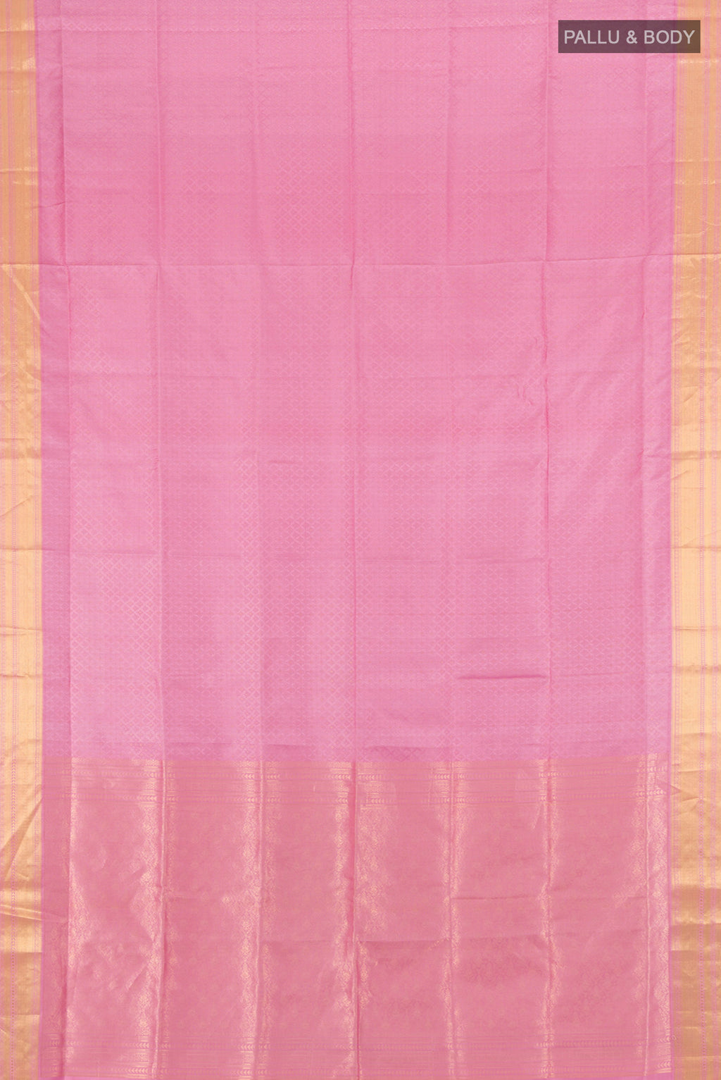 Flat view of Rose pink Soft Silk Saree with Jacquard design on the body and Zari Border. 