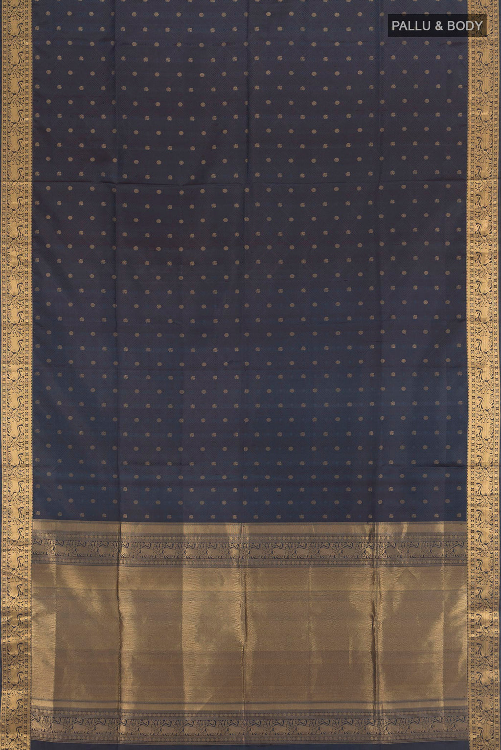 Flat view of Navy Blue Soft Silk Saree with Zari Butta on the body and Silk Border. 