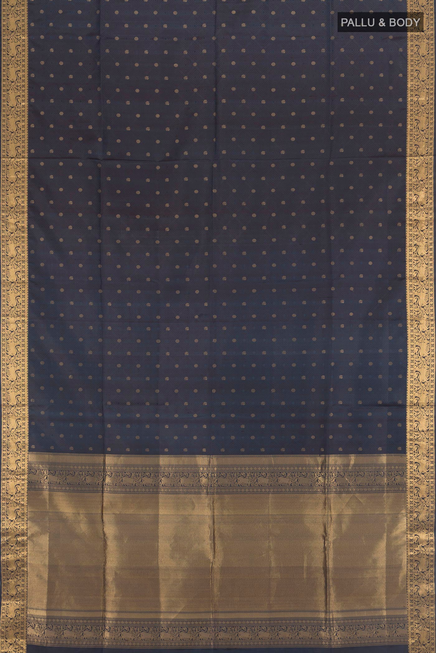 Flat view of Navy Blue Soft Silk Saree with Zari Butta on the body and Silk Border. 