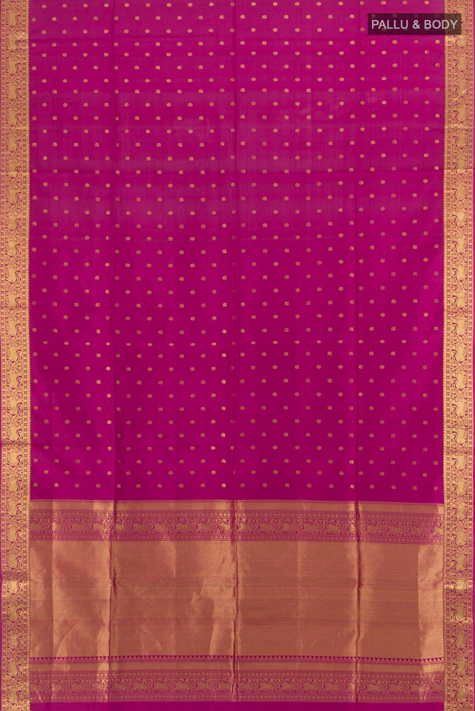 Flat view of Pure Silk Pure Zari Purple Soft Saree with Zari Butta on the body and Silk Border. 